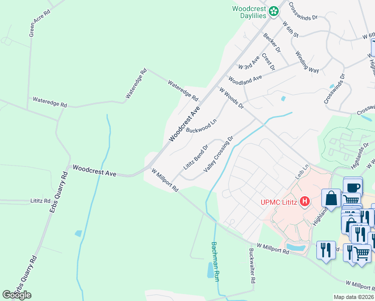 map of restaurants, bars, coffee shops, grocery stores, and more near 5 Oak Wood Lane in Lititz