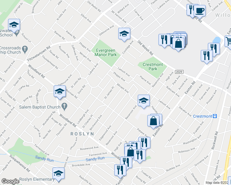 map of restaurants, bars, coffee shops, grocery stores, and more near 1548 Birchwood Avenue in Abington