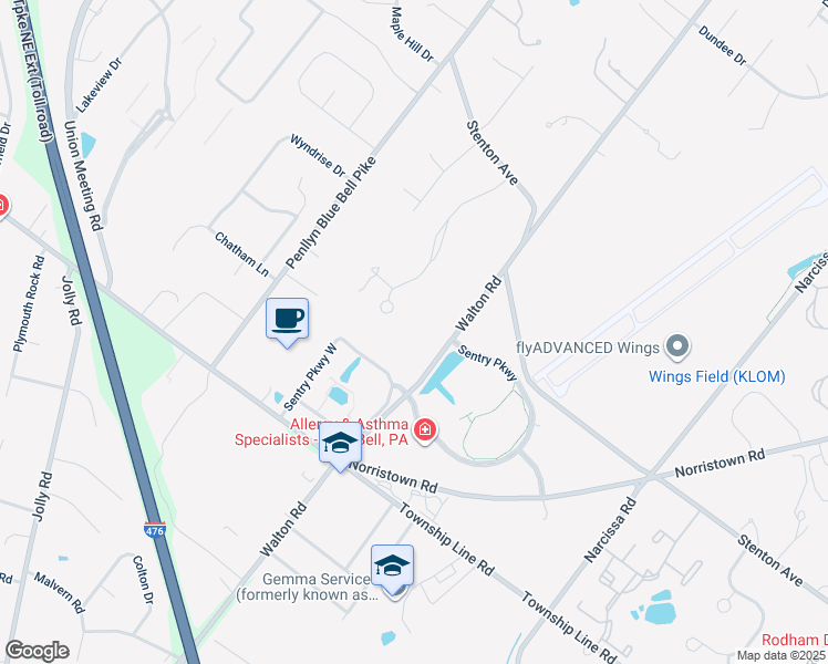 map of restaurants, bars, coffee shops, grocery stores, and more near 1424 Royal Oak Drive in Blue Bell