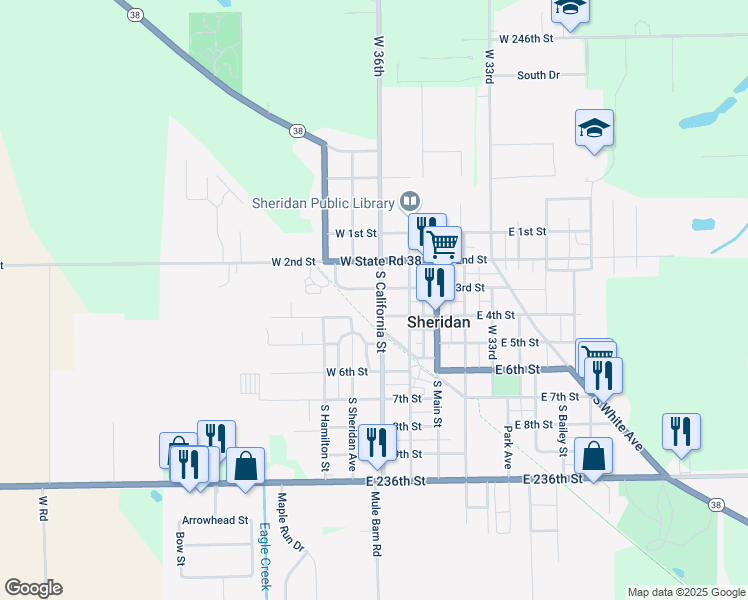 map of restaurants, bars, coffee shops, grocery stores, and more near 207 West 4th Street in Sheridan