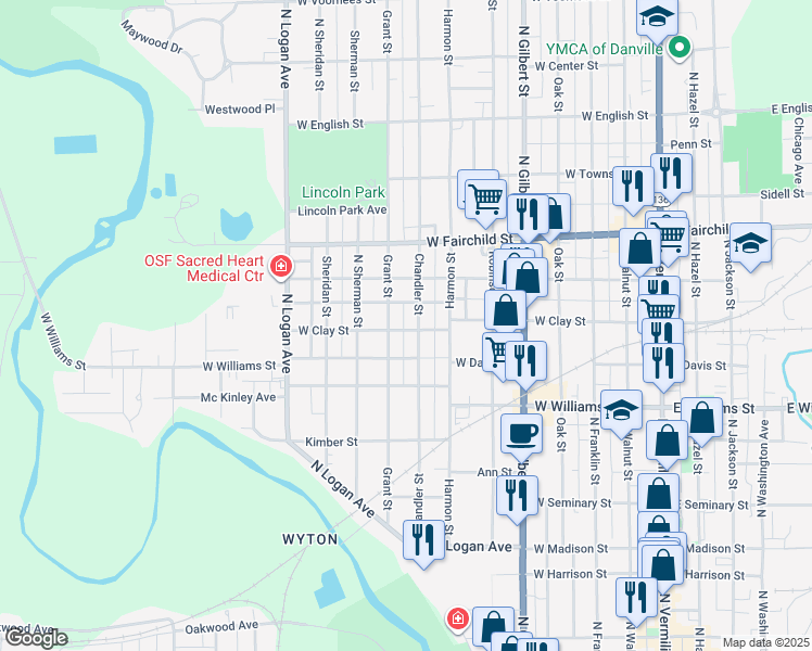 map of restaurants, bars, coffee shops, grocery stores, and more near 707 West Clay Street in Danville