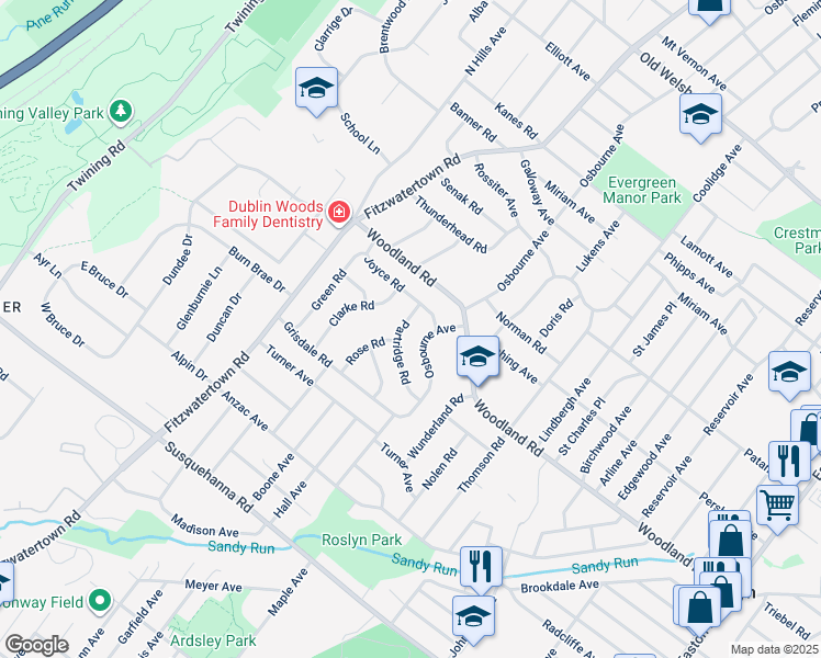 map of restaurants, bars, coffee shops, grocery stores, and more near 1357 Partridge Road in Abington