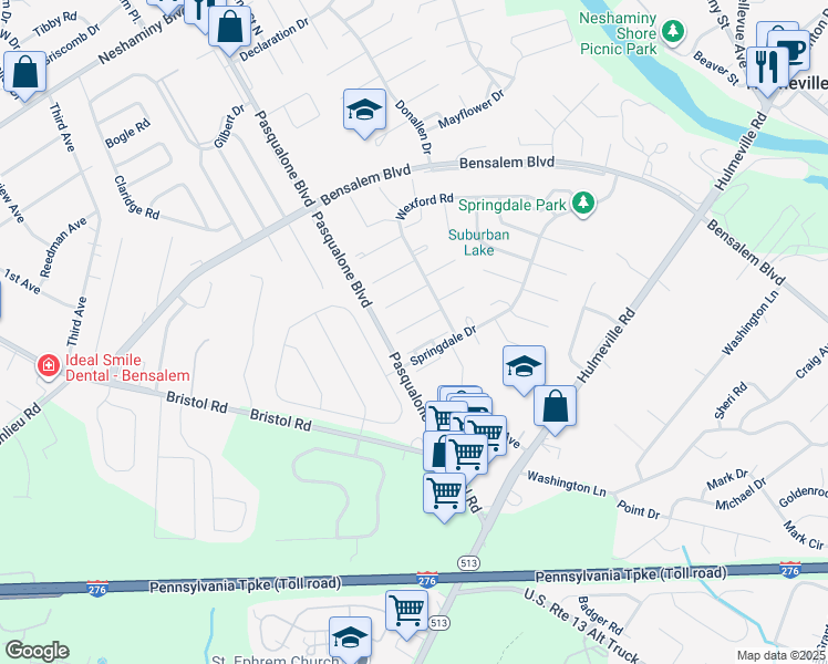 map of restaurants, bars, coffee shops, grocery stores, and more near 5717 Keenan Court in Bensalem