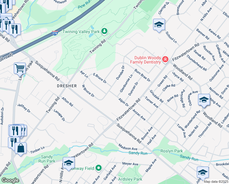 map of restaurants, bars, coffee shops, grocery stores, and more near 3139 Alpin Drive in Dresher