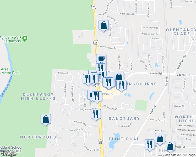 map of restaurants, bars, coffee shops, grocery stores, and more near 8432 High Street in Columbus