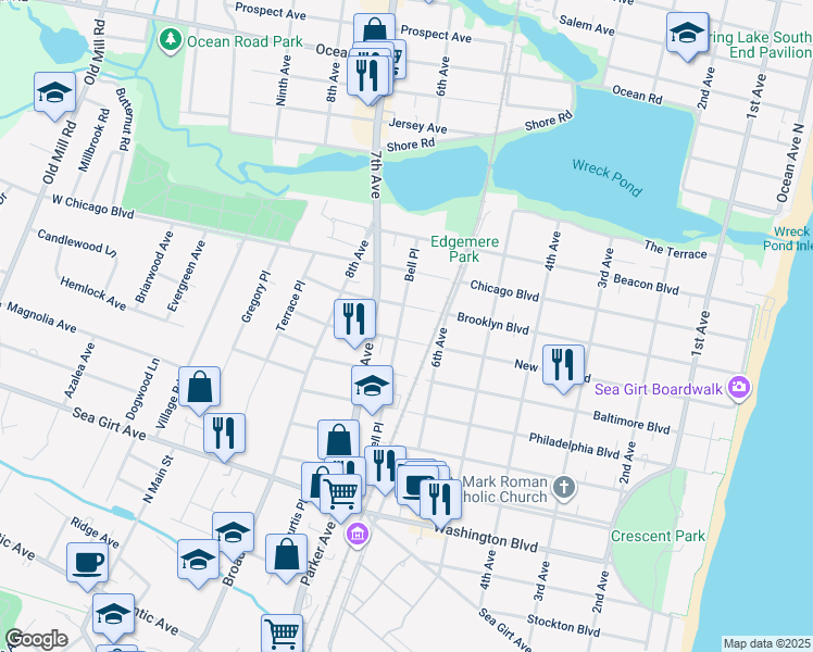 map of restaurants, bars, coffee shops, grocery stores, and more near 304 Bell Place in Sea Girt