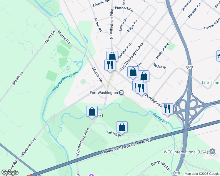 map of restaurants, bars, coffee shops, grocery stores, and more near 431 South Bethlehem Pike in Fort Washington