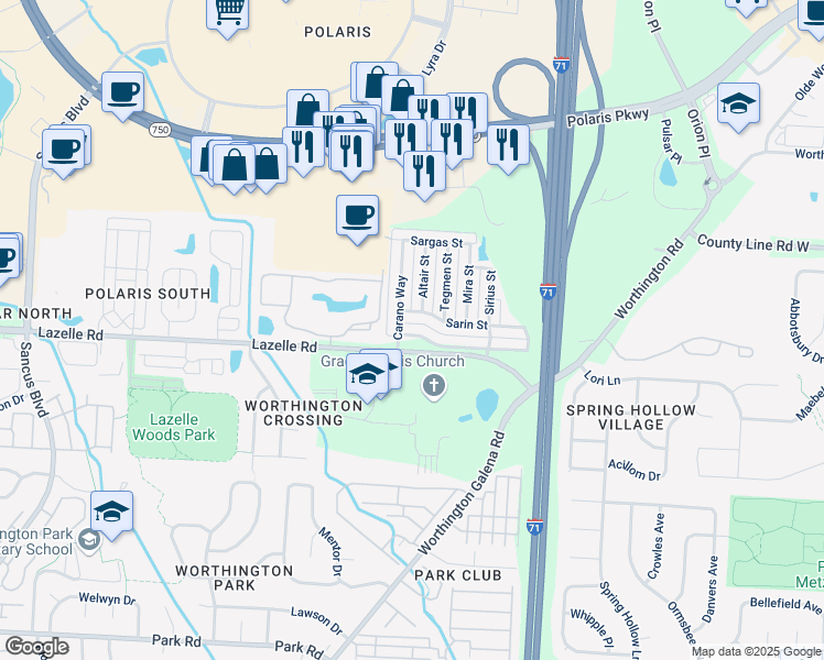 map of restaurants, bars, coffee shops, grocery stores, and more near 1492 Electra Street in Columbus
