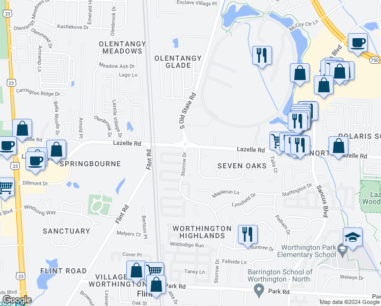 map of restaurants, bars, coffee shops, grocery stores, and more near 549 Ramonford Court in Westerville
