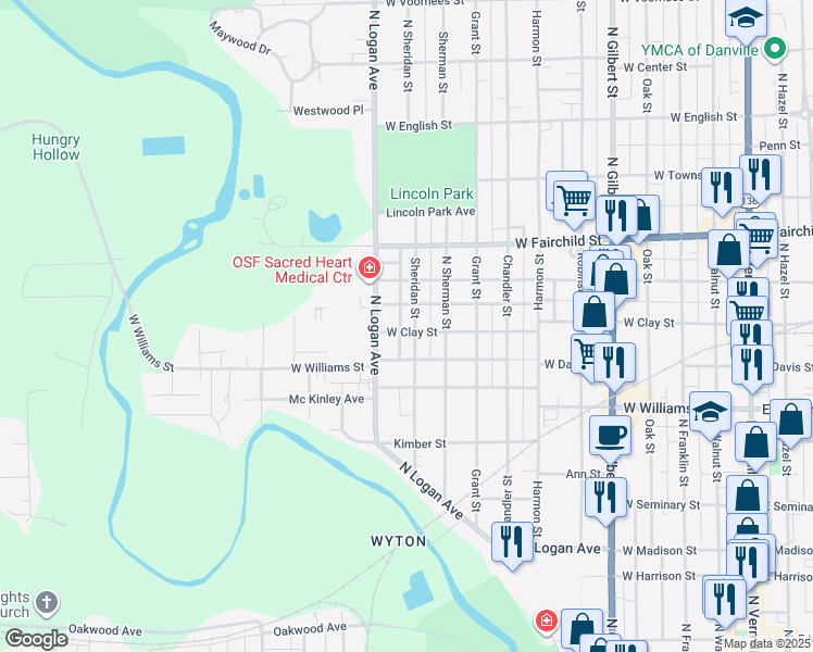 map of restaurants, bars, coffee shops, grocery stores, and more near 1000-1098 West Clay Street in Danville