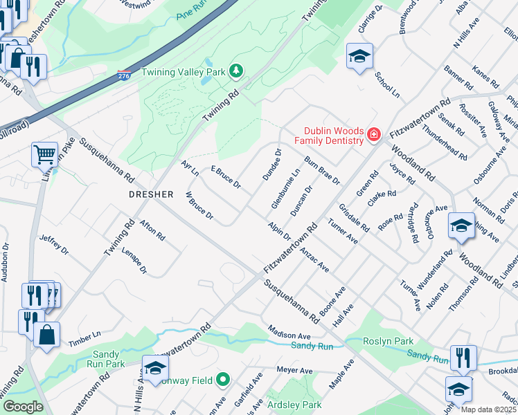 map of restaurants, bars, coffee shops, grocery stores, and more near 3139 Alpin Drive in Dresher