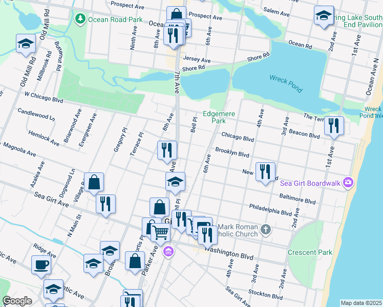 map of restaurants, bars, coffee shops, grocery stores, and more near 304 Bell Place in Sea Girt