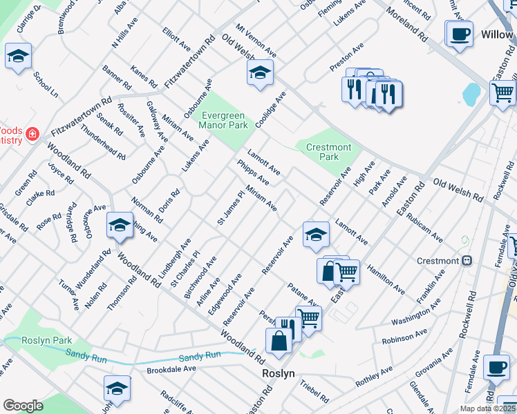 map of restaurants, bars, coffee shops, grocery stores, and more near 1547 Birchwood Avenue in Abington
