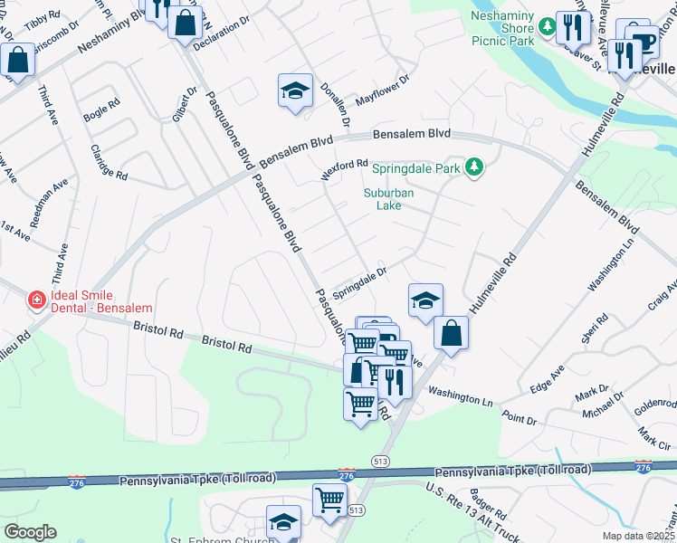 map of restaurants, bars, coffee shops, grocery stores, and more near 5719 Keenan Court in Bensalem