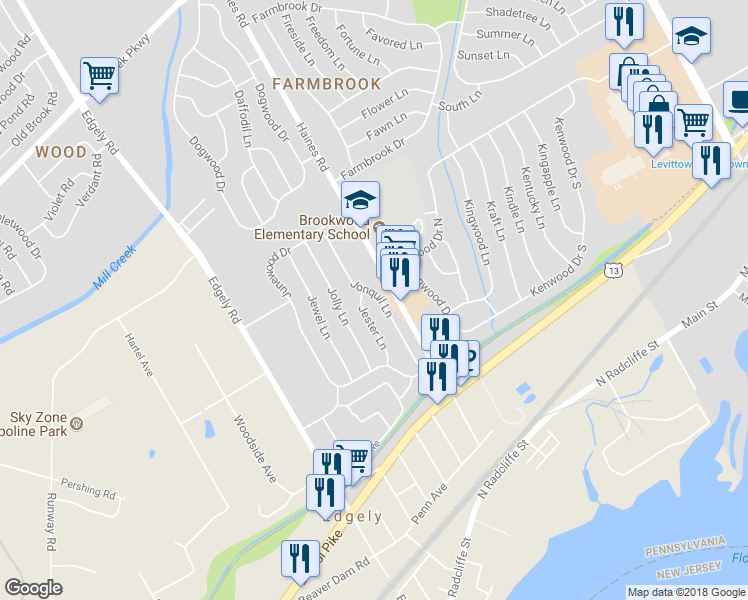 map of restaurants, bars, coffee shops, grocery stores, and more near 51 Jonquil Lane in Levittown