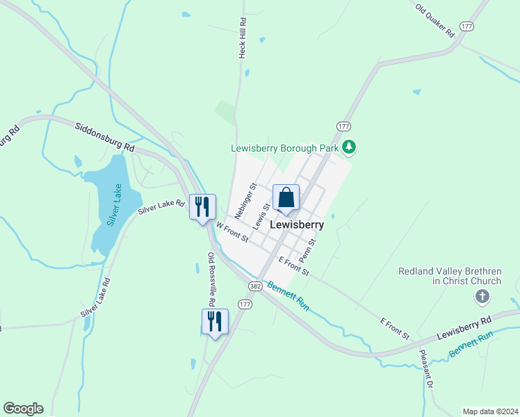 map of restaurants, bars, coffee shops, grocery stores, and more near Lewis Street in Lewisberry