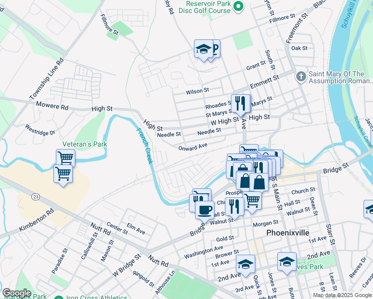 map of restaurants, bars, coffee shops, grocery stores, and more near 555 Onward Avenue in Phoenixville