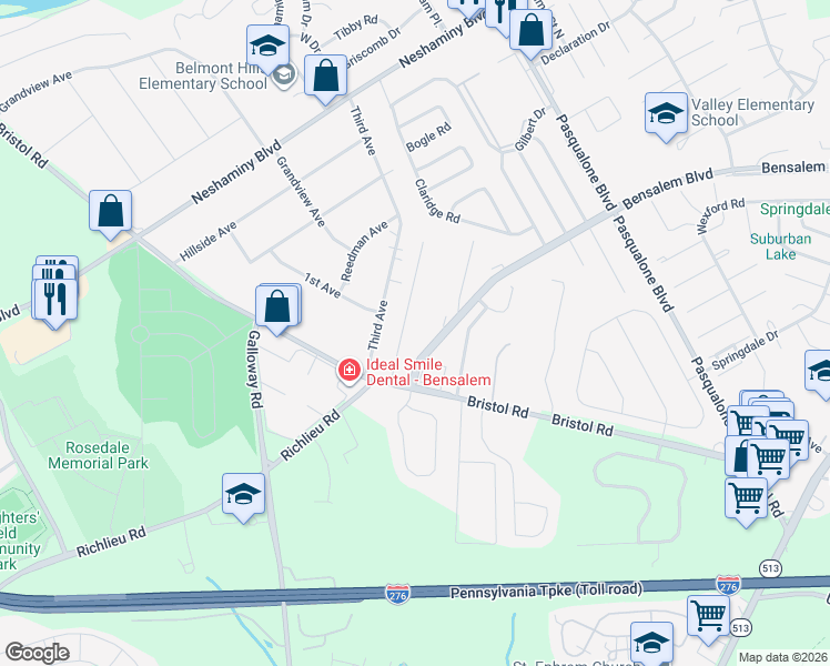 map of restaurants, bars, coffee shops, grocery stores, and more near 4627 Acton Court in Bensalem