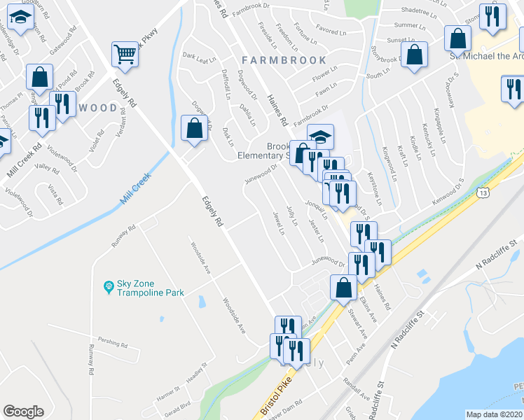 map of restaurants, bars, coffee shops, grocery stores, and more near 122 Junewood Drive in Levittown