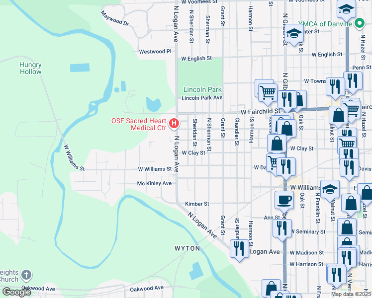 map of restaurants, bars, coffee shops, grocery stores, and more near 1000-1098 West Clay Street in Danville