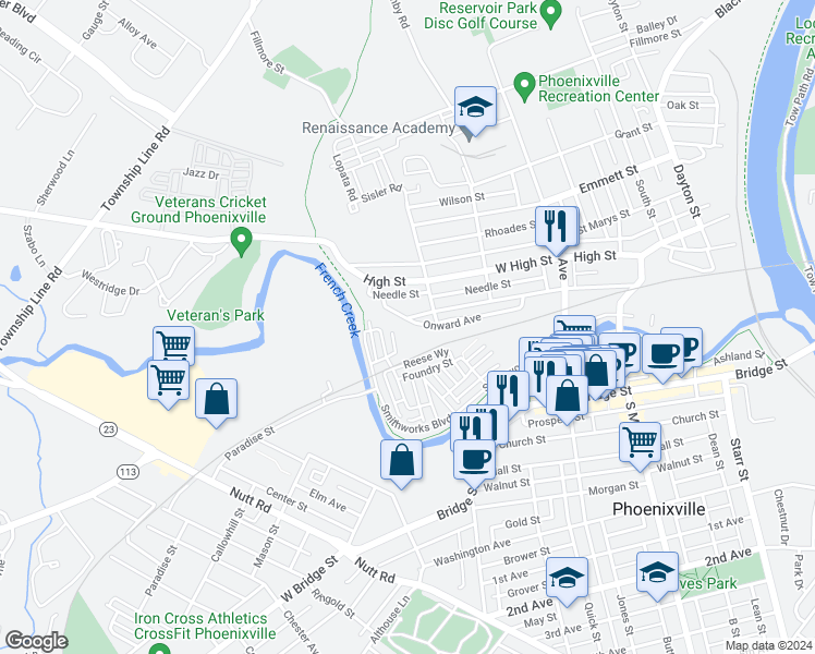 map of restaurants, bars, coffee shops, grocery stores, and more near 624 Onward Avenue in Phoenixville