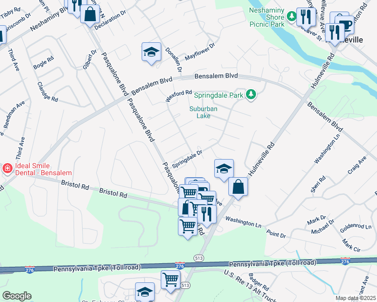 map of restaurants, bars, coffee shops, grocery stores, and more near 5736 Arcadia Court in Bensalem