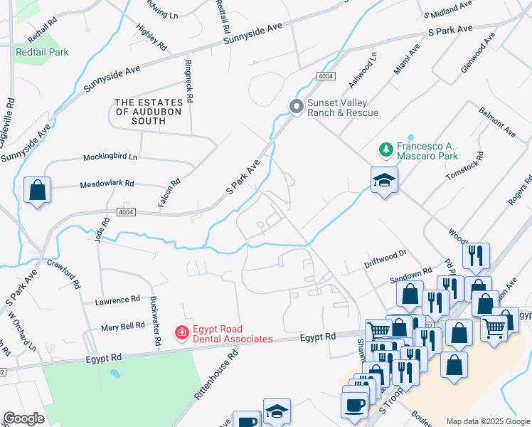 map of restaurants, bars, coffee shops, grocery stores, and more near 5000 Shannondell Drive in Audubon