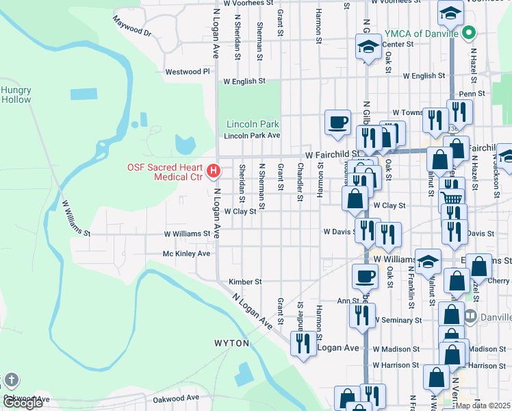 map of restaurants, bars, coffee shops, grocery stores, and more near 623 North Sherman Street in Danville