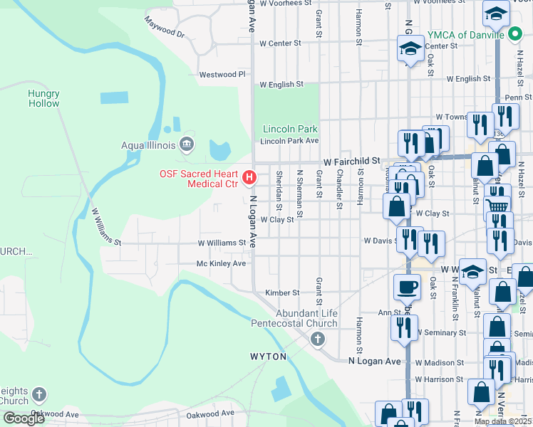map of restaurants, bars, coffee shops, grocery stores, and more near 1000-1098 West Clay Street in Danville