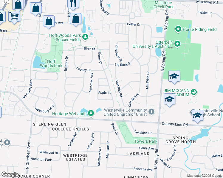 map of restaurants, bars, coffee shops, grocery stores, and more near 352 Burns Drive in Westerville