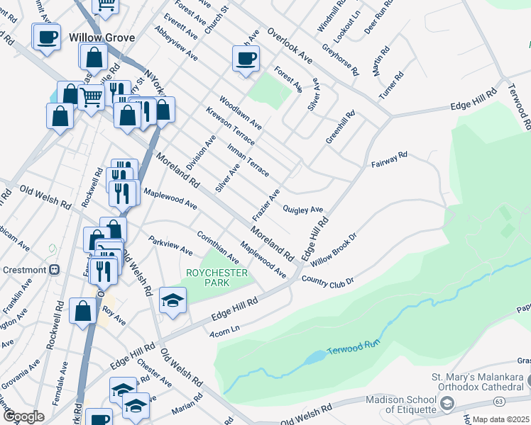 map of restaurants, bars, coffee shops, grocery stores, and more near 513 Evans Avenue in Willow Grove