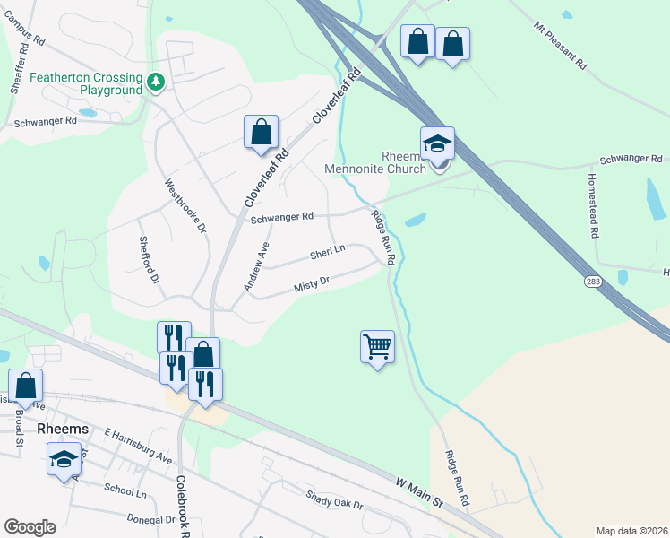 map of restaurants, bars, coffee shops, grocery stores, and more near 1922 Misty Drive in Mount Joy