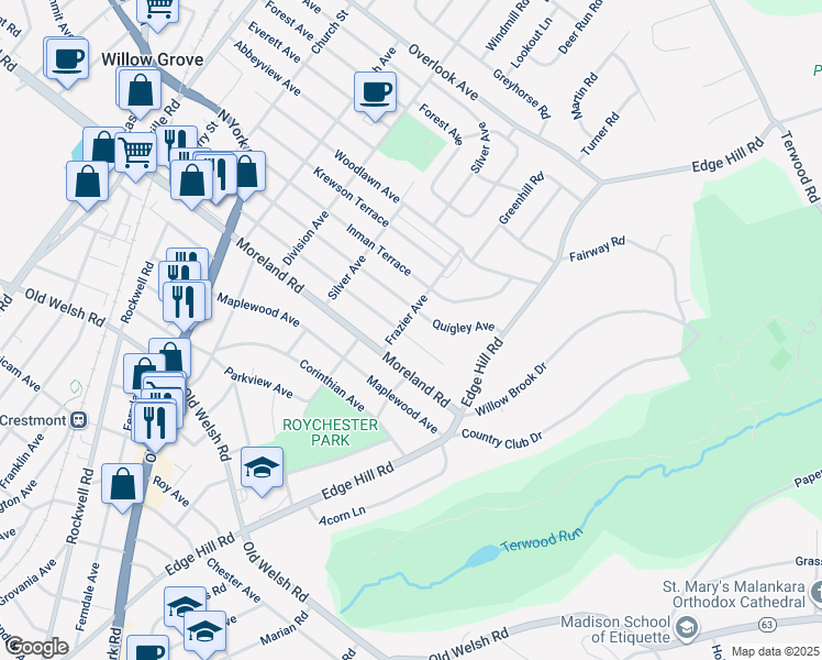map of restaurants, bars, coffee shops, grocery stores, and more near 503 Evans Avenue in Willow Grove