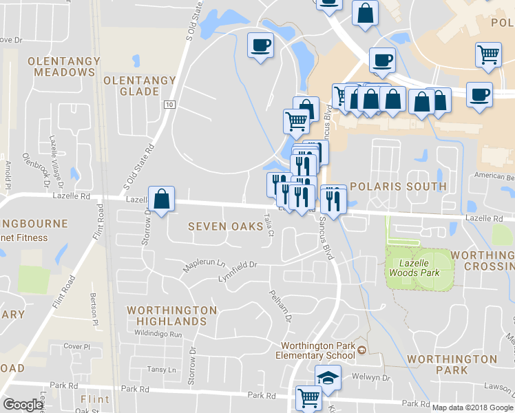 map of restaurants, bars, coffee shops, grocery stores, and more near 421 Lazelle Road in Westerville