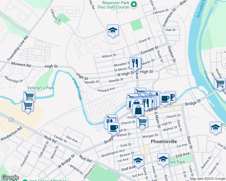 map of restaurants, bars, coffee shops, grocery stores, and more near 518 Onward Avenue in Phoenixville