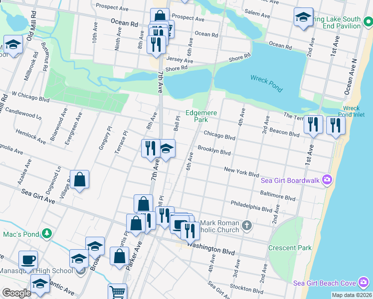 map of restaurants, bars, coffee shops, grocery stores, and more near 601 New York Boulevard in Sea Girt