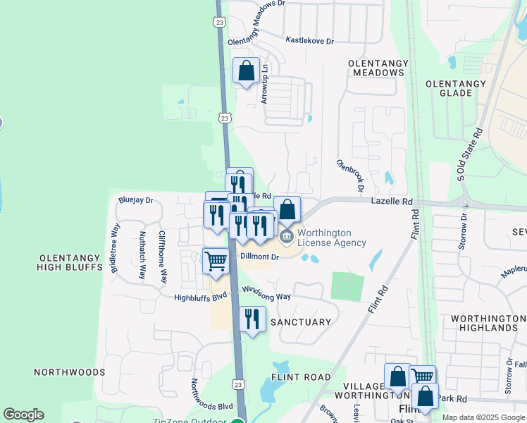 map of restaurants, bars, coffee shops, grocery stores, and more near 55 Lazelle Road East in Columbus