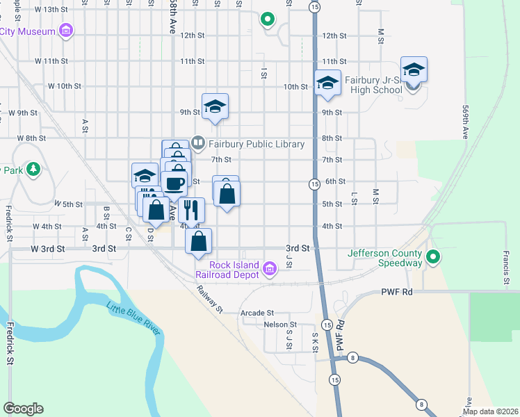 map of restaurants, bars, coffee shops, grocery stores, and more near 827 4th Street in Fairbury