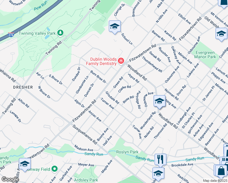 map of restaurants, bars, coffee shops, grocery stores, and more near 1311 Green Road in Abington