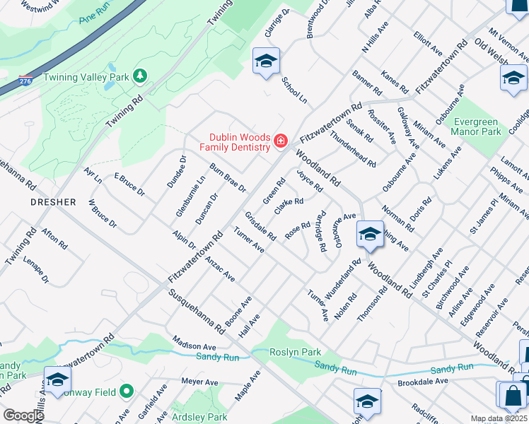 map of restaurants, bars, coffee shops, grocery stores, and more near 1311 Green Road in Abington
