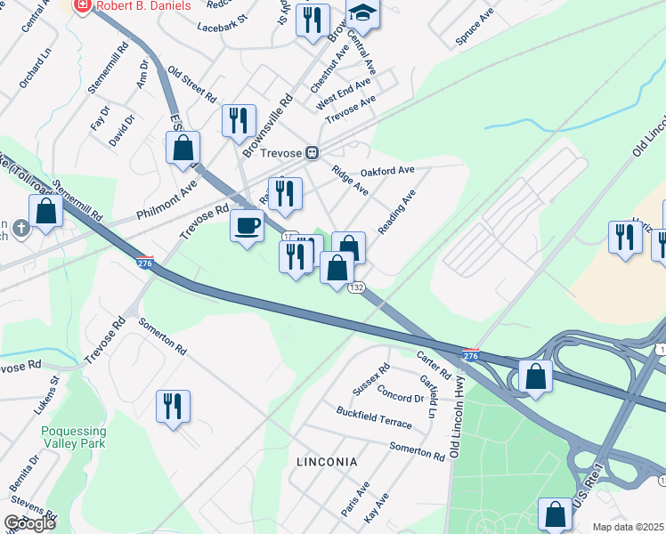 map of restaurants, bars, coffee shops, grocery stores, and more near 4671 East Street Road in Feasterville-Trevose