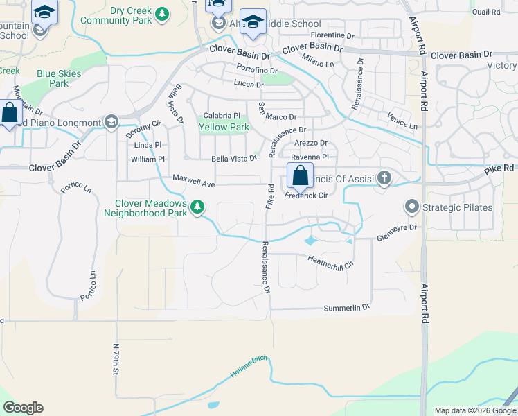 map of restaurants, bars, coffee shops, grocery stores, and more near 2005 Sicily Circle in Longmont