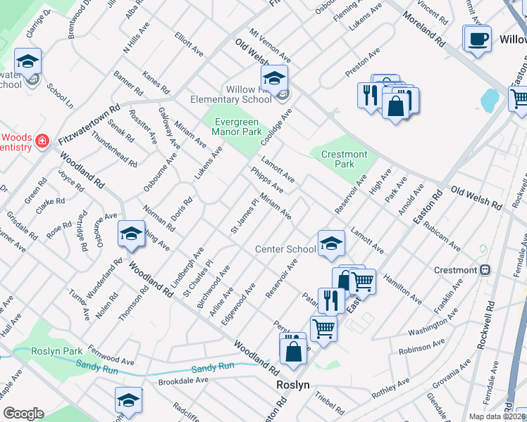 map of restaurants, bars, coffee shops, grocery stores, and more near 1547 Birchwood Avenue in Abington