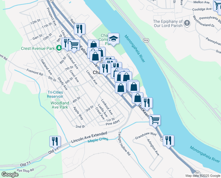 map of restaurants, bars, coffee shops, grocery stores, and more near 306 Lincoln Avenue in Charleroi