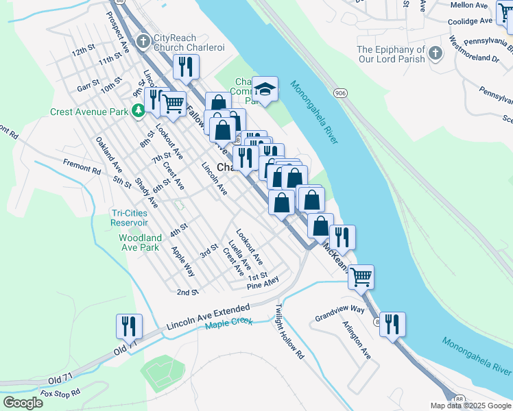 map of restaurants, bars, coffee shops, grocery stores, and more near 306 Lincoln Avenue in Charleroi