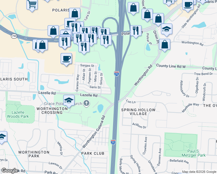 map of restaurants, bars, coffee shops, grocery stores, and more near 1628 Electra Street in Columbus