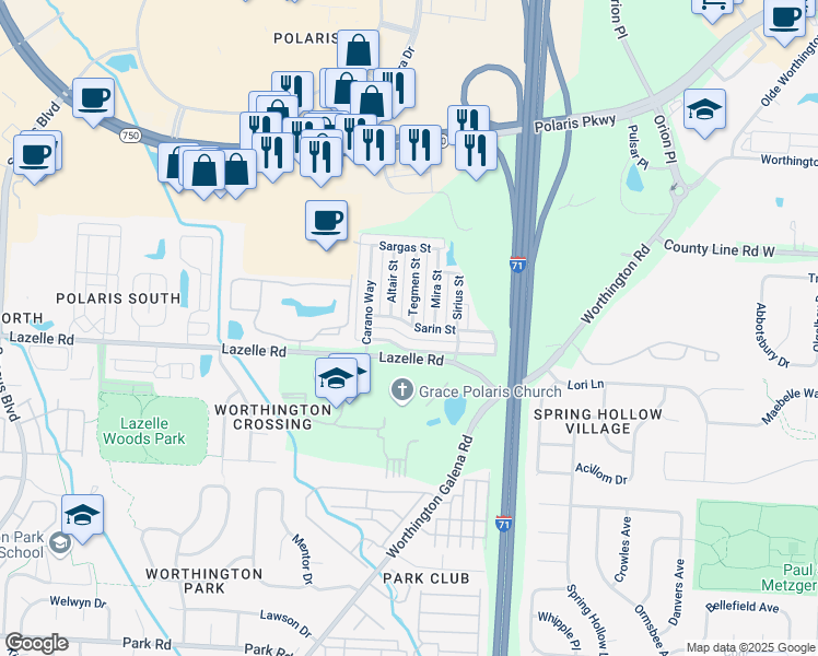 map of restaurants, bars, coffee shops, grocery stores, and more near 1532 Electra Street in Columbus