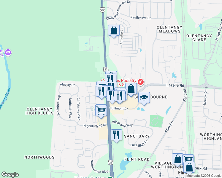 map of restaurants, bars, coffee shops, grocery stores, and more near 44 Lazelle Road East in Columbus