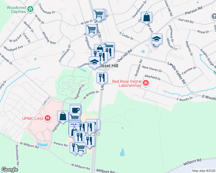 map of restaurants, bars, coffee shops, grocery stores, and more near 925 Lititz Pike in Lititz