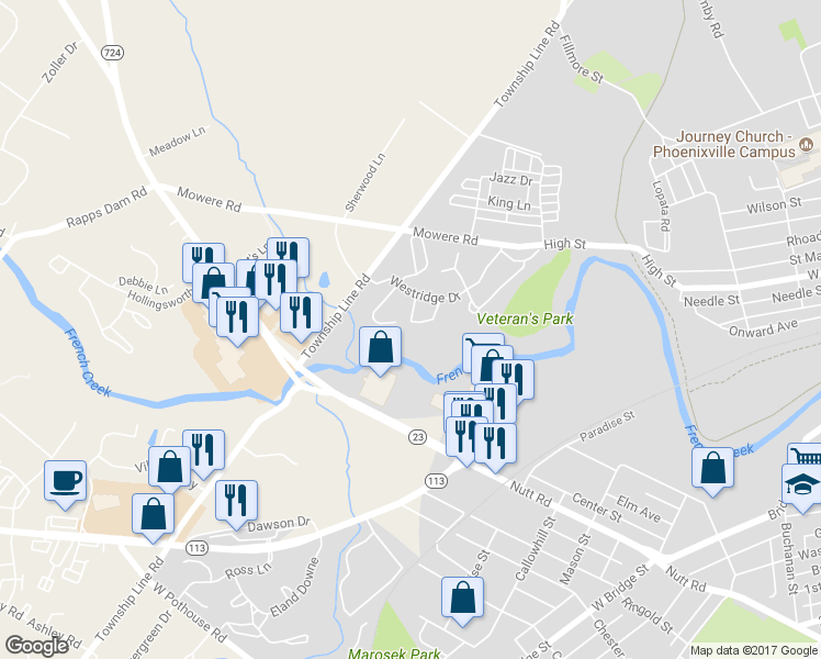 map of restaurants, bars, coffee shops, grocery stores, and more near 337 Westridge Circle in Phoenixville